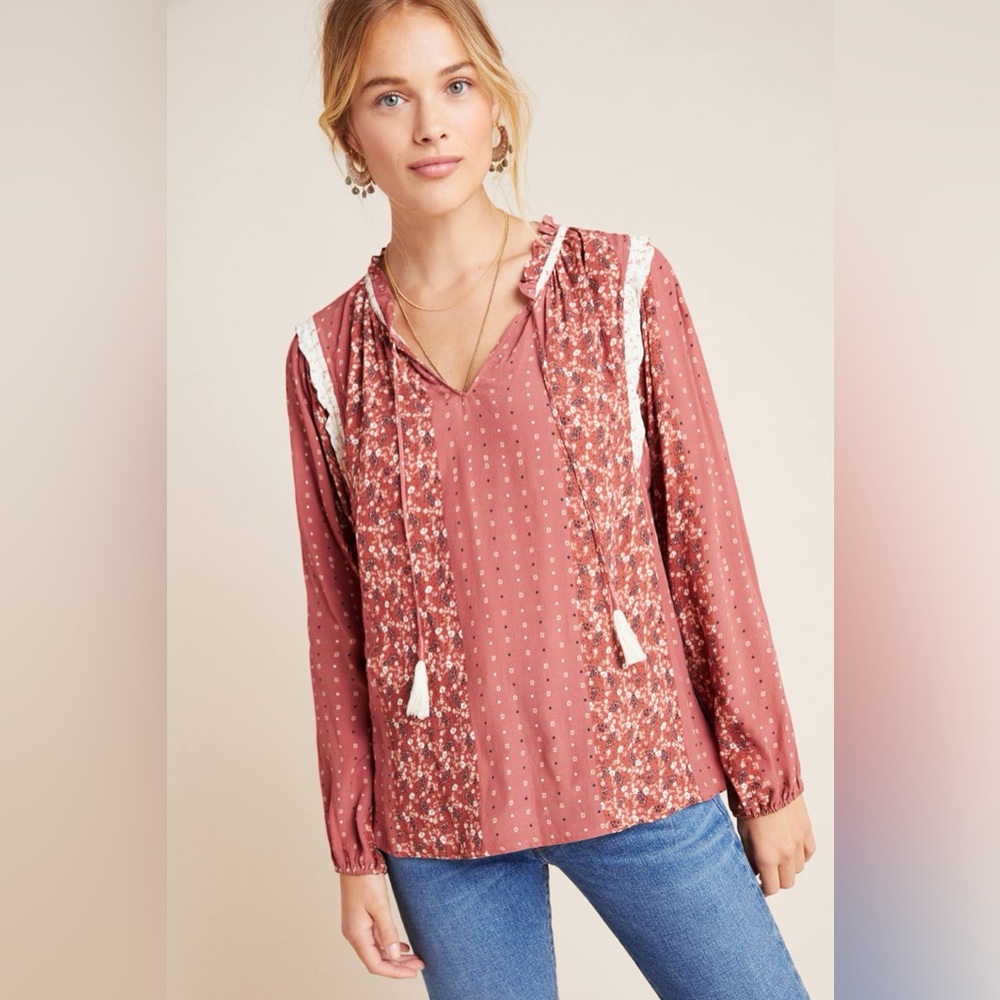 Anthropologie Dolan Charlie Tassel Tie Peasant Blouse Mixed Floral Ruffle Size M
